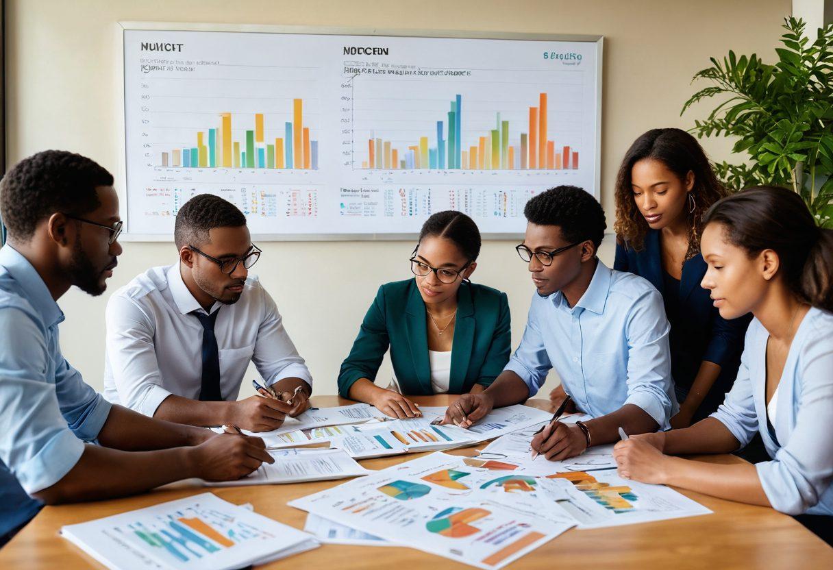 A serene and inspiring scene of a diverse group of people gathered around a large table, collaboratively analyzing financial charts and graphs, surrounded by books on personal finance. The environment should have a bright, inviting feel with motivational quotes on the walls, plants in the background, and a digital tablet showcasing a debt reduction program. super-realistic. vibrant colors. warm lighting.
