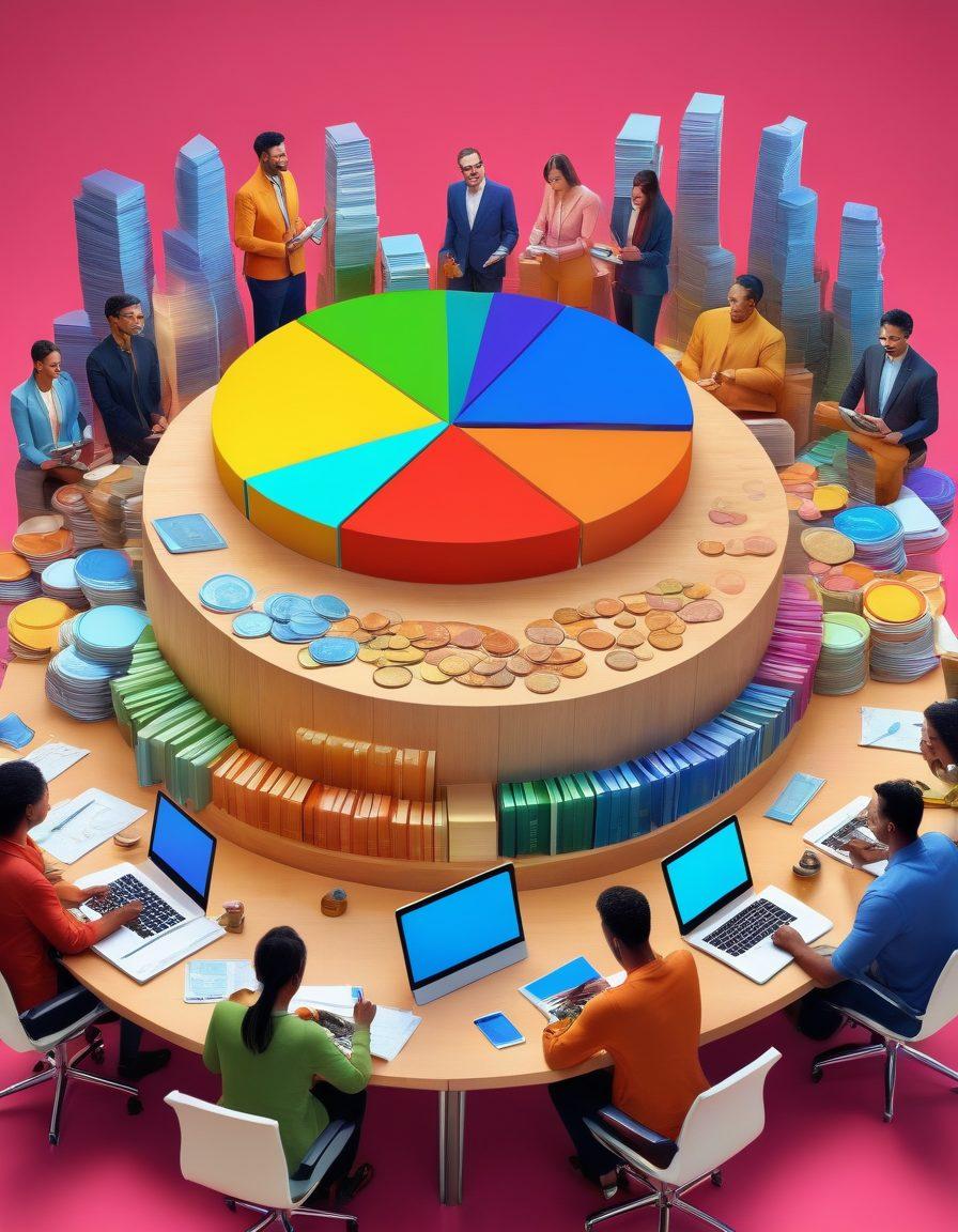 A digitally rendered illustration featuring a diverse group of people analyzing colorful pie charts and graphs on large screens, surrounded by stacks of coins, credit cards, and budgeting books. The scene emanates a sense of collaboration and empowerment, with bright and motivational visuals illustrating debt-free living and financial mastery. super-realistic. vibrant colors. modern design.