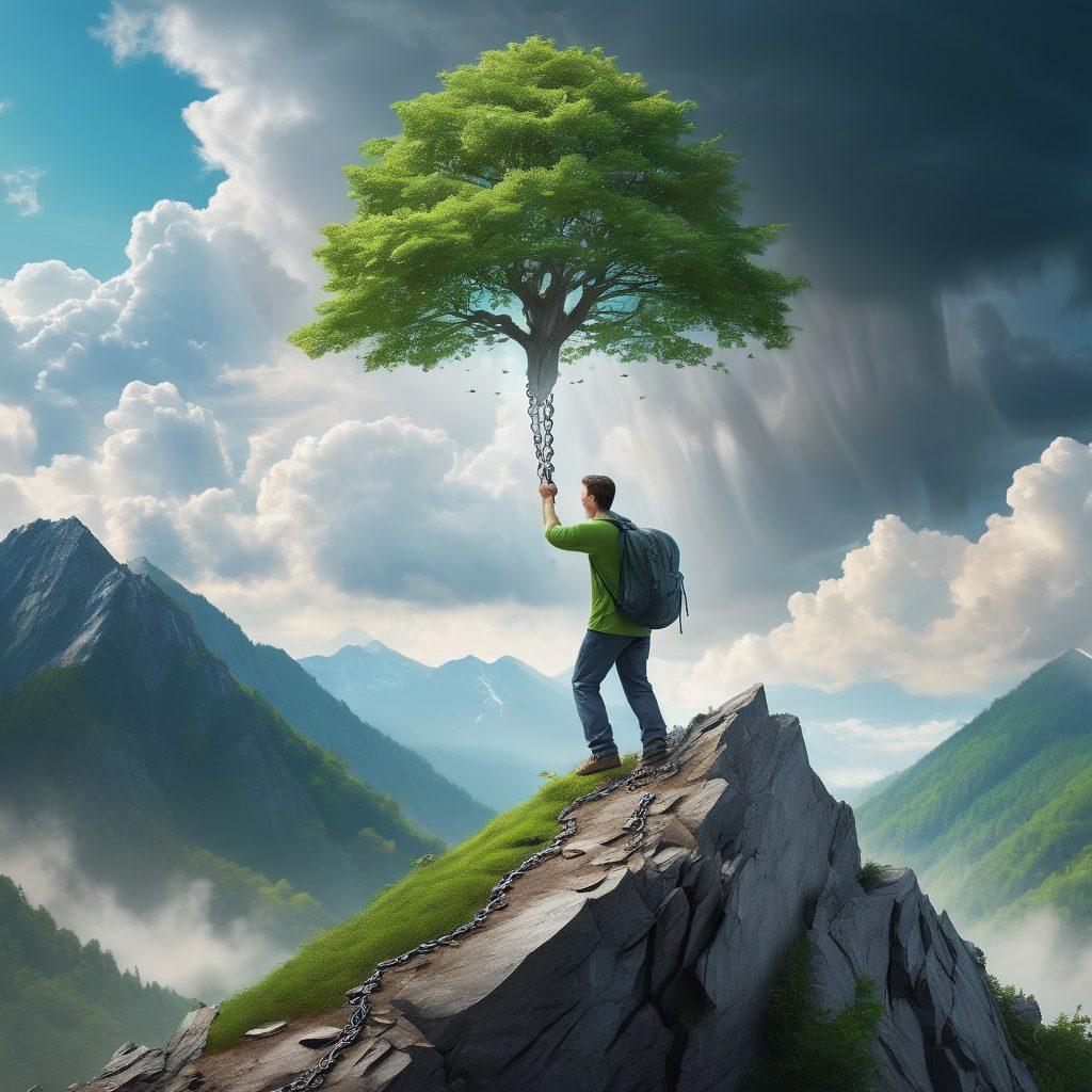 A serene landscape symbolizing transition, featuring a person climbing a mountain representing debt, with vibrant green trees leading to a sunlit summit symbolizing wealth and relief. Include subtle elements like a broken chain at the base and money symbols gently falling like leaves. The sky should be a gradient from stormy gray to bright blue, embodying hope. super-realistic. vibrant colors. 3D.